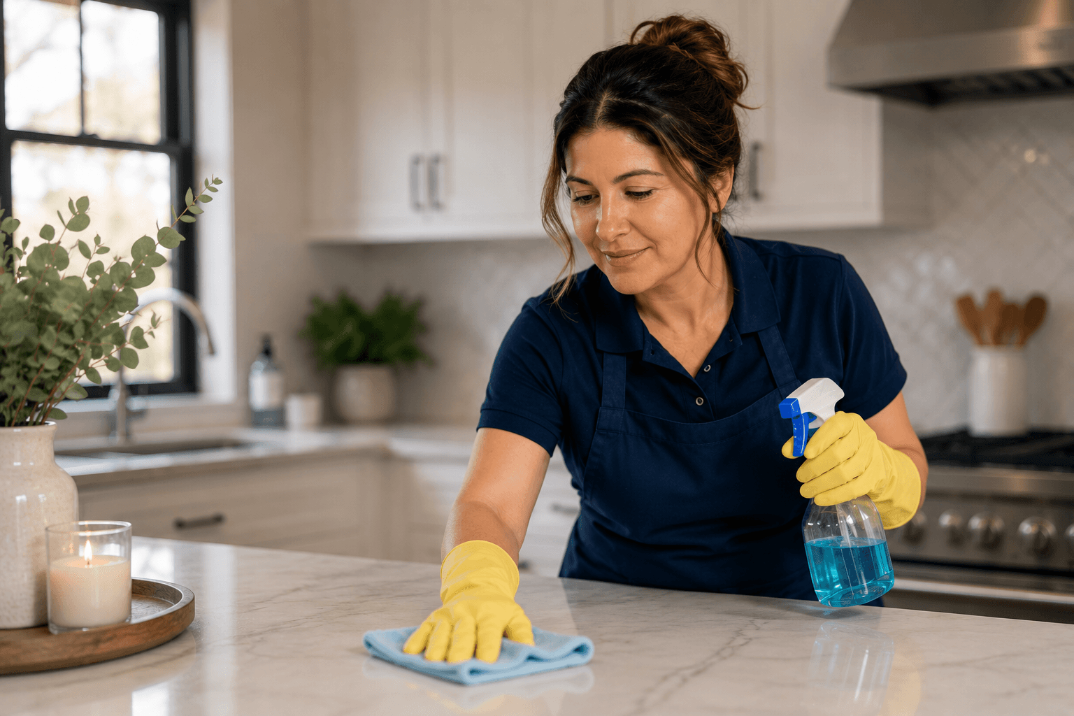 Carina cleaning a bright kitchen — professional, careful house cleaning in action.